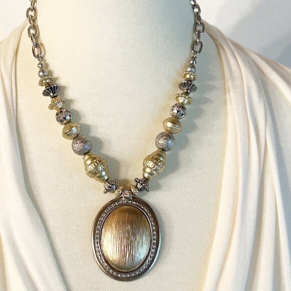 Chicos Gold-Tone & Silver-Tone Statement Necklace With Oval Pendant - Picture 10 of 10